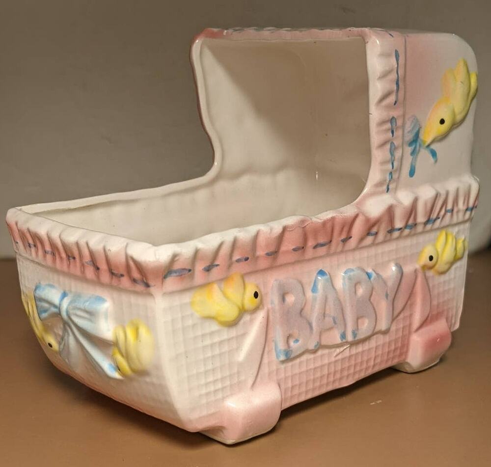 My Neil Vintage 1983 Baby Cradle Planter Pink Bassinet Carriage Nursery Gift